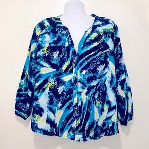 Calvin Klein Women’s V Neck Tunic Blouse Top Blue Abstract Long Sleeve Size L
